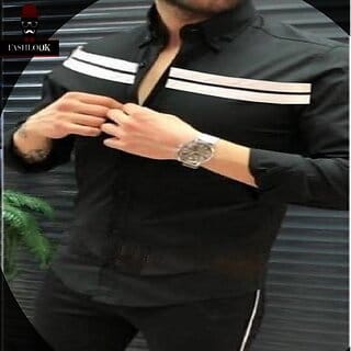 Fashlook Striped Curved Collar Regular Fit Cotton Blend Casual Black Shirt For Mens