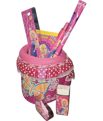 BARBIE STATIONERY GIFT SET,2 PENCILS,1 CLICK PENCIL,RULER,ERASER,SHARPNER,BARBIE NOTEPAD,ELEGANT CUP WITH PINKCLOTH ,FRILLS ALL AROUND