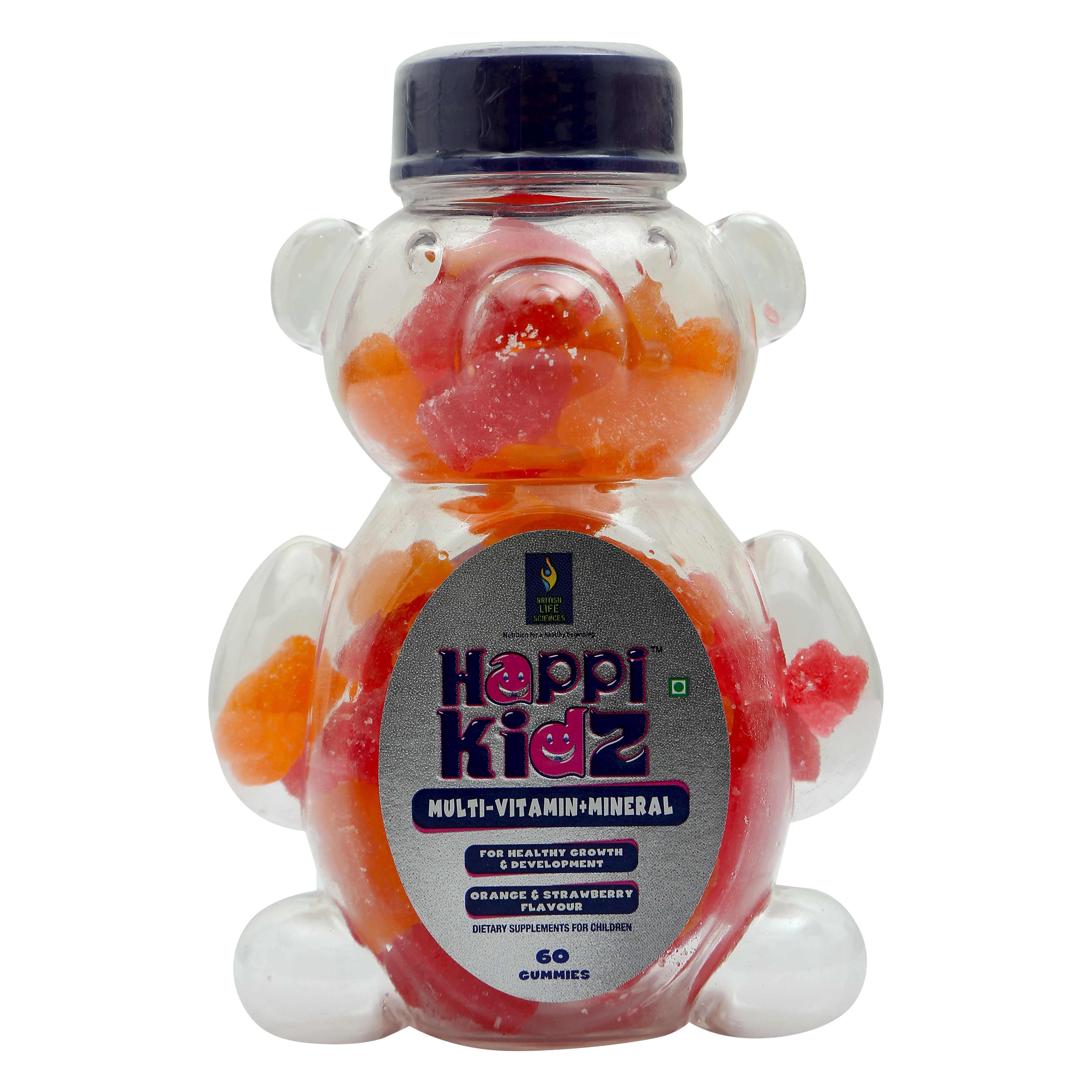 Happi Kidz Multivitamin Gummies For Kids - (60 Count Gummy Bears) - with 16 essential vitamins and minerals - Supports Growth and Immunity -Orange & Strawberry - Children above 2 years - British 