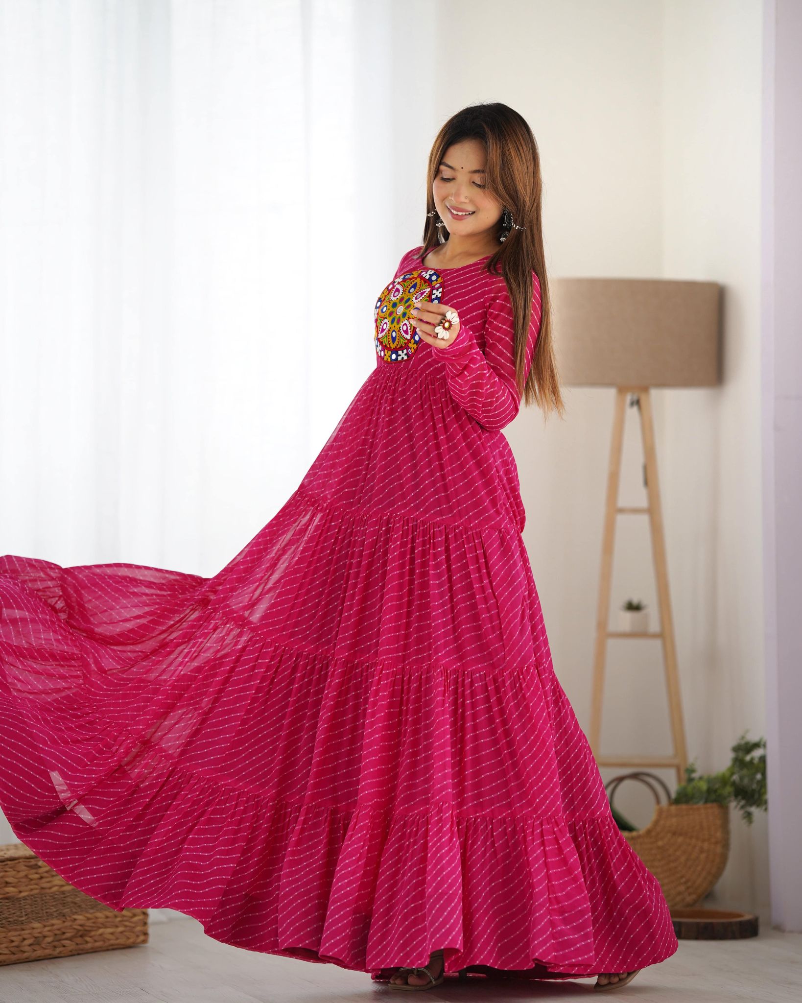 Pure Soft Fox Georgette Laheriya Print Fabric Fully Flair Anarkali, Fully Stitched Gown Ready to Wear.-xs