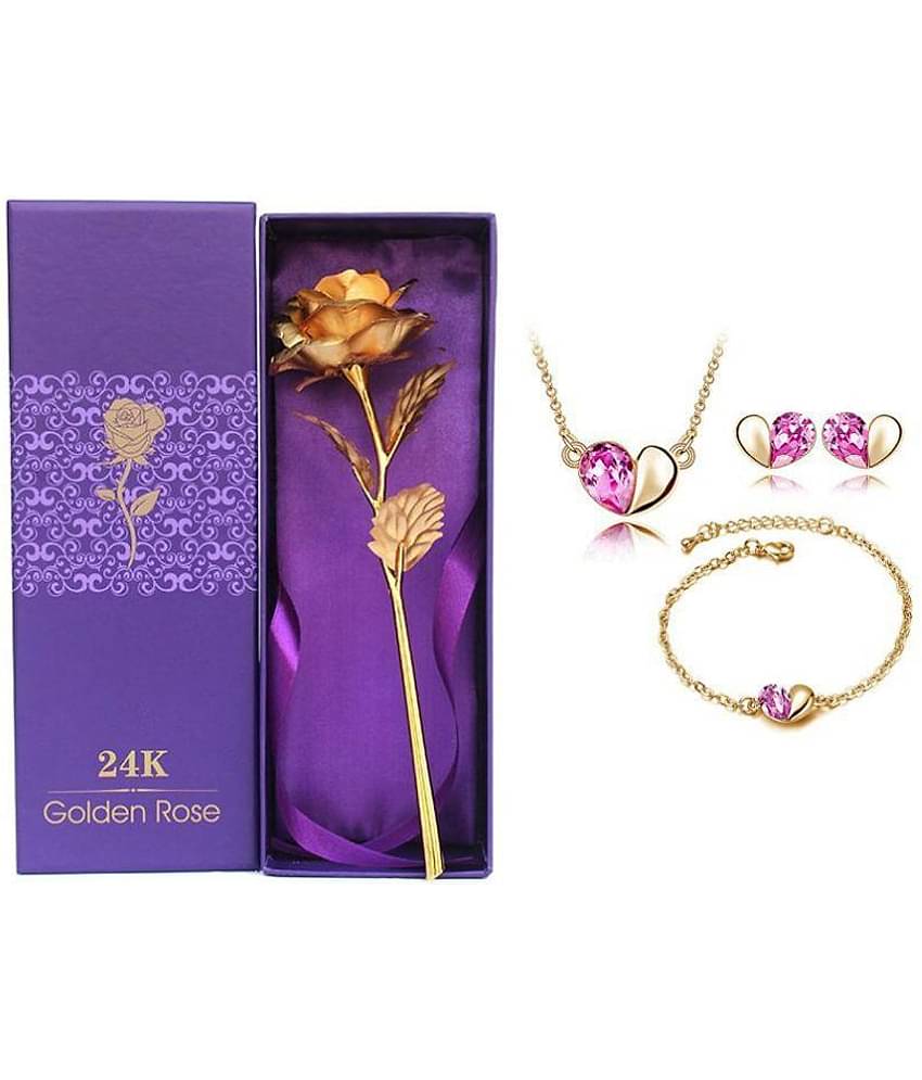 YouBella Combo of Multicolour Gold Plated Rose Flower, Heart Shape Crystal Pendant Necklace, Earrings and Bangles for Women