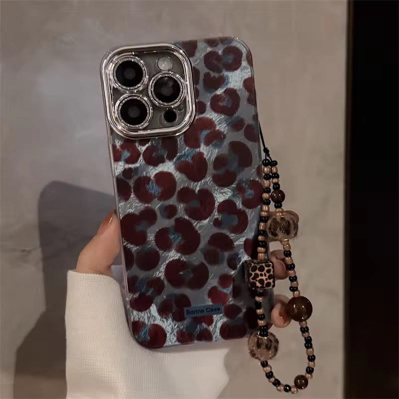 Leopard Gradient Lanyard Bracelet Silver Border Camera Protector iPhone Case-iPhone 15