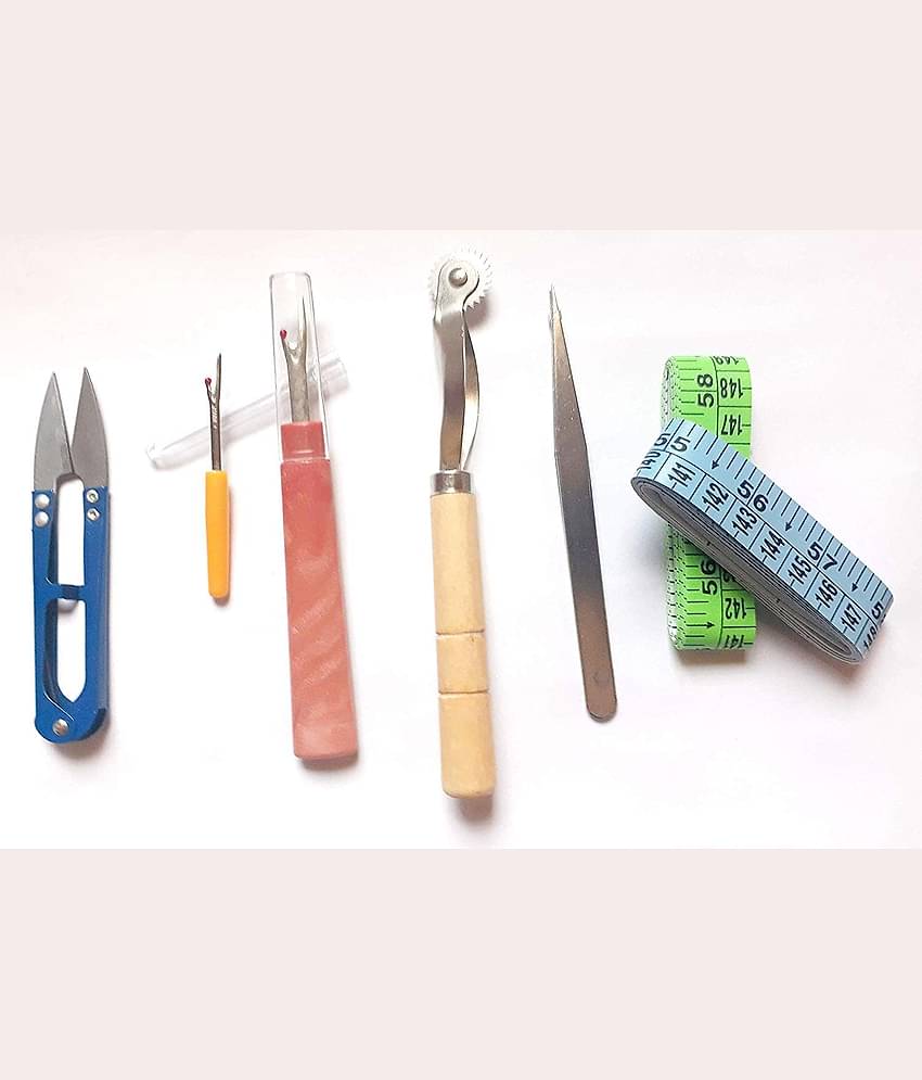 Combo Pack Sewing Tailoring Measurement Tapes 2 Pc with Seam Rippers, Thread Cutter, Tracing Marking Wheel, Over Lock Machine Tweezers - Multicolor