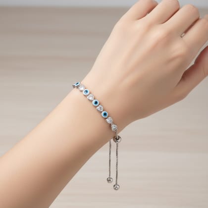 925 Sterling Silver Evil Eye & Heart CZ Adjustable Bracelet for Women & Girls | Blue Eye Protection Charm Bracelet