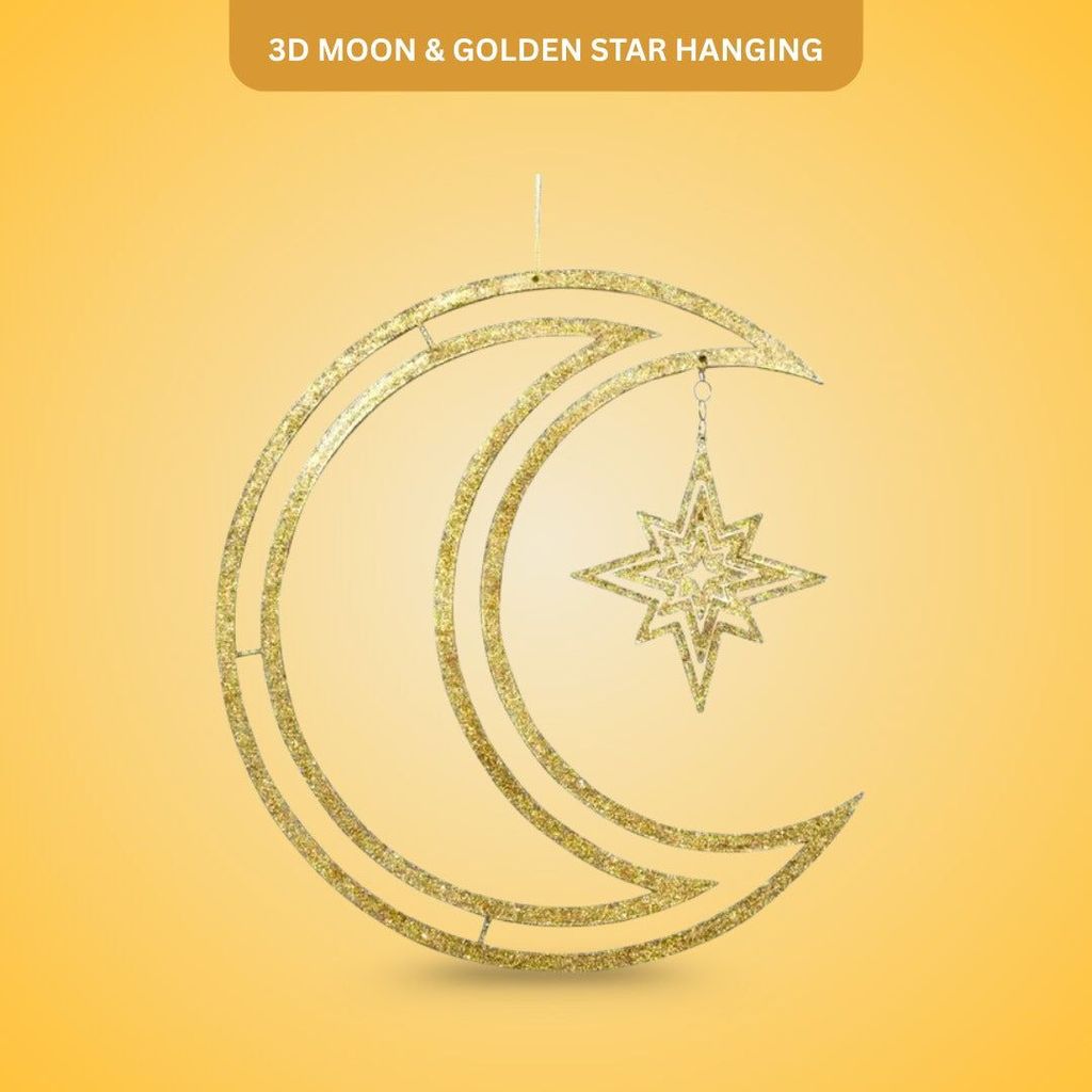 3D Moon & Star Hanging Decoration Golden- 1PC - Party and Festive Needs | Buy online on ZillyBuy