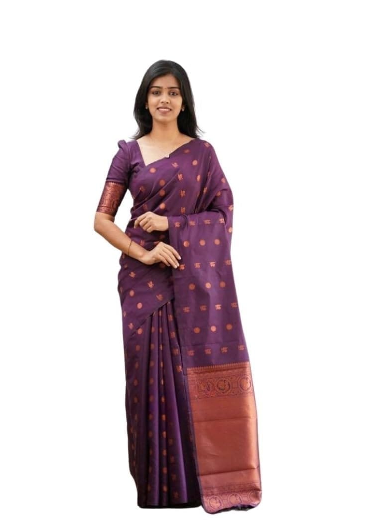 Women's Soft Lichi Silk Printed Saree With Unstitched Blouse 5.5Mtr (Purple)-PID63625
