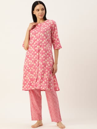 Floral Pink Mix Match Kurta & Pyjama Set-M