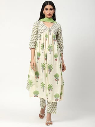Cotton Printed Kurta Set With Dupatta-XS