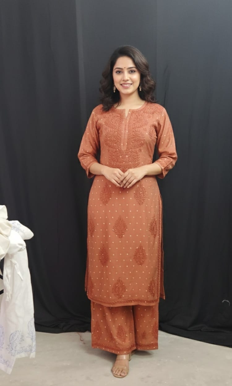 Chanderi Co Ord set with exclusive Chikankari