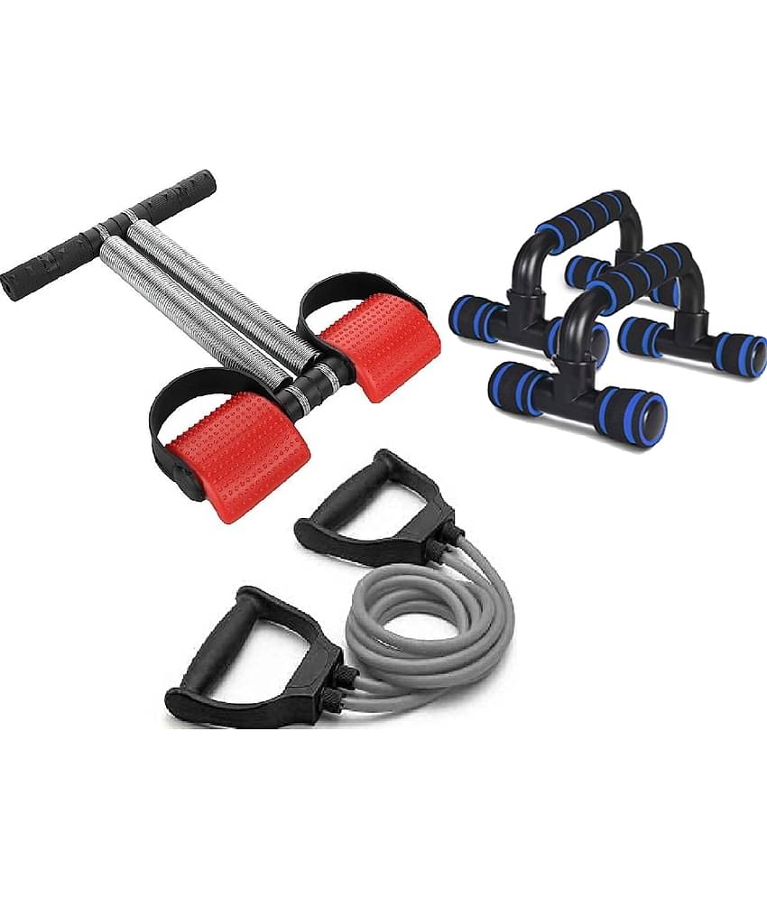 Gym Home Workouts Equipment Combo Set for Men Women Full Body Exercise Kit - Tummy Trimmer, Toning Tube Band, and Push Up Stand