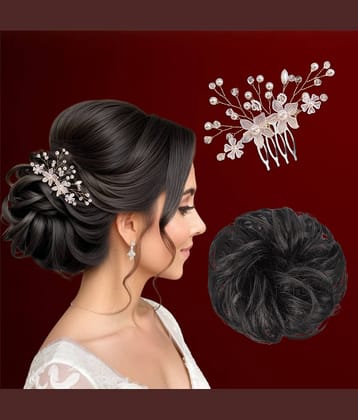 Pearl Comb Clip & Artificial Hair Scrunchies Combo-2Pc(Black/Silver)