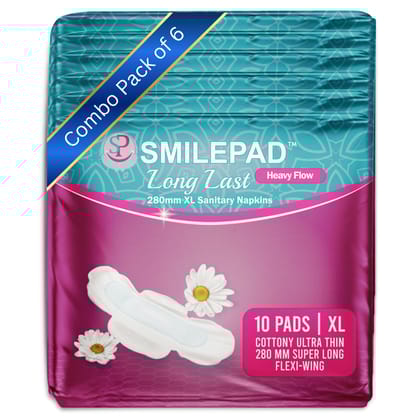 Smilepad Long Last Sanitary Pads for Women | 280mm XL Size Cottony Ultra-thin Sanitary Napkins with Long Flexi Wings for Extra Coverage | Combo Pack of 6 - (60 Pads)