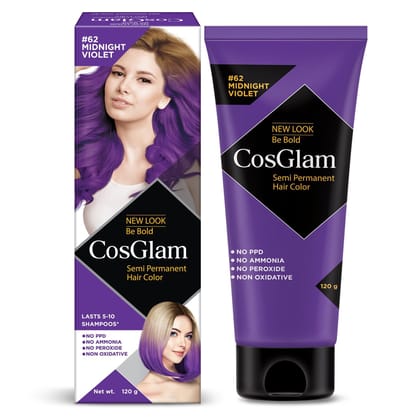 COSGLAM Semi Permanent Hair Color, No Peroxide, Non Oxidative, Ammonia Free Hair Colour 62 Midnight Violet - 120gm