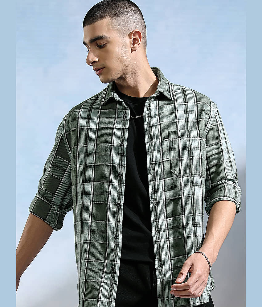 Highlander Cotton Blend Relaxed Fit Checks Full Sleeves Men's Casual Shirt - Olive ( Pack of 1 )