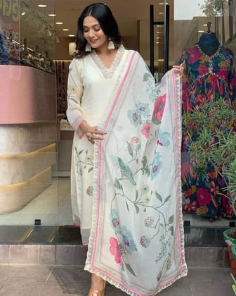 Premium Organza Digital Print work Summer Wear Kurti Pant Dupatta Set (Stitched)-White / M(38)