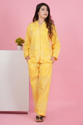 Sunshine Stripe: Yellow and White Print Full Sleeve Pyjama Set-S / Yellow / 100% Cotton