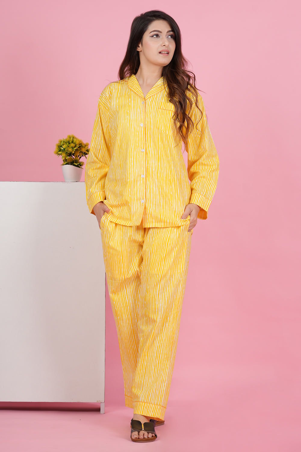 Sunshine Stripe: Yellow and White Print Full Sleeve Pyjama Set-S / Yellow / 100% Cotton