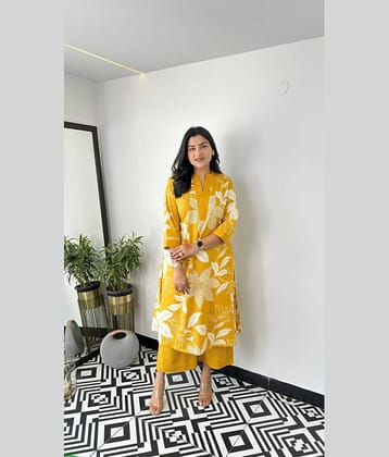 Mahek Fashion Women Printed Top With Palazzos Co-Ord Set ( Yellow )