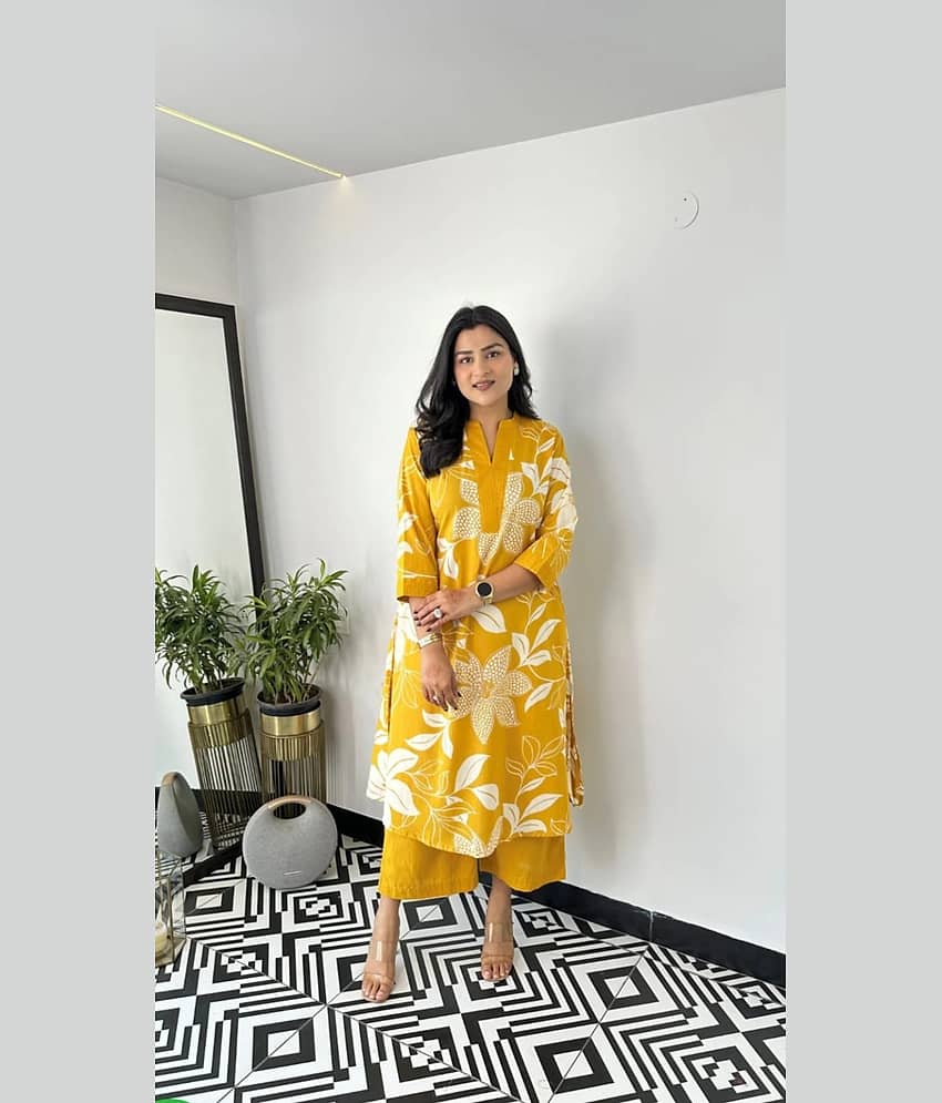 Mahek Fashion Women Printed Top With Palazzos Co-Ord Set ( Yellow )