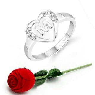 VFJ cz alloy Rhodium plated Valentine collection Initial"M"Letter in heart ring