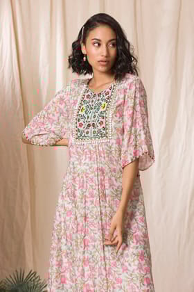 Blue floral print tunic dress with embroidery on yoke and lace detailing-M
