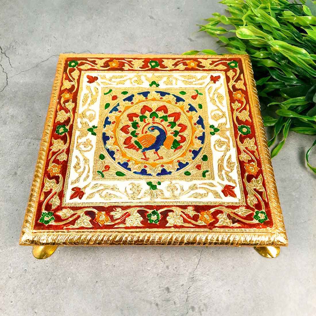 Wooden Puja Bajot | Minakari Chowki - Peacock Design - For Puja, Home, Temple & Return Gifts - 10 Inch-Design 1