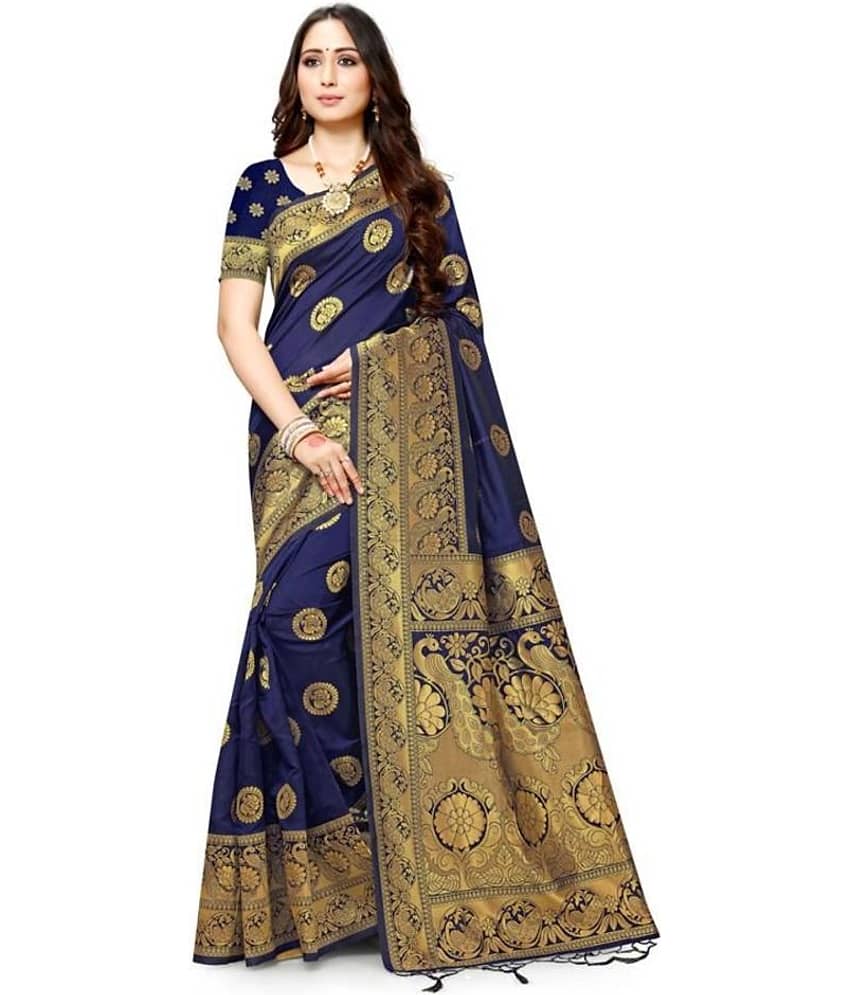 NENCY FASHION Silk Blend Embroidered Saree With Unstitched Blouse Piece ( Blue )
