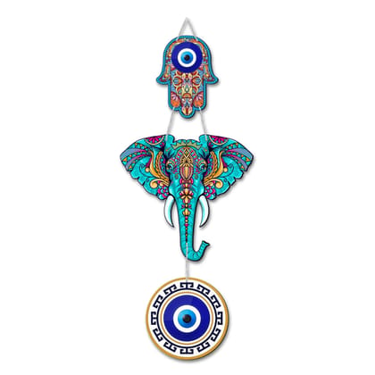Vibrant Elephant Evil Eye Wall Hanging for Home Dcor Goodluck Charm Vastu & Protection Showpiece 18 x 6.5 inch