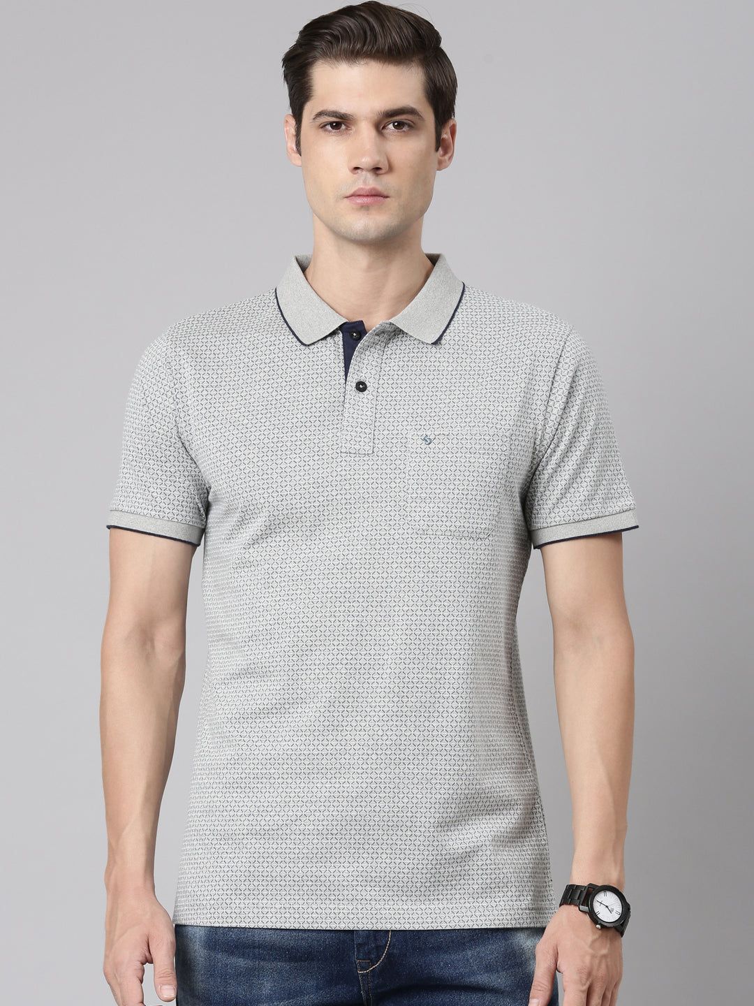 Classic Polo Men's Polo Neck Cotton Grey/Navy Slim Fit Printed T-Shirt | BELLO-286 B SF P