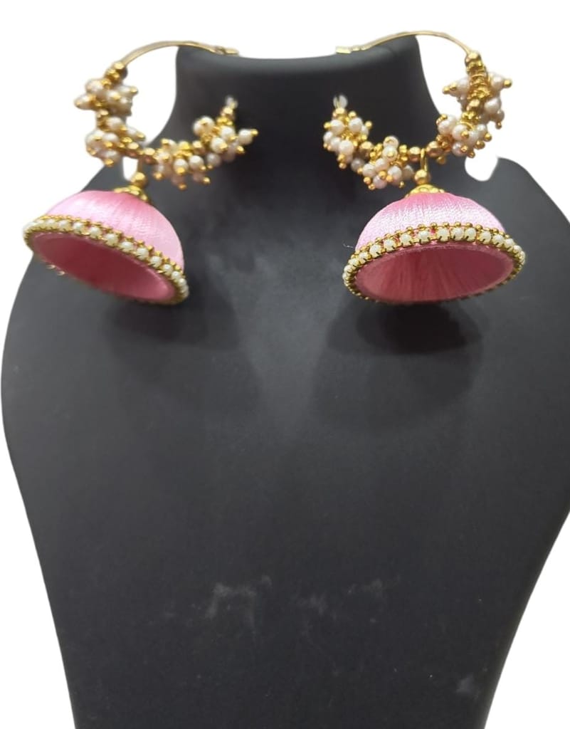 "Stunning Pink Silk Thread Jhumka Earrings with Pearl and Gold Beads for Women"
