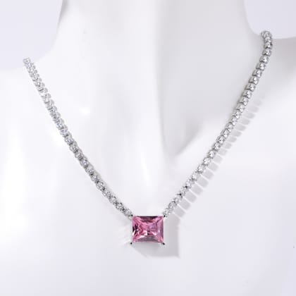 Rectangle Solitaire Silver Yellow Pink Cubic Zirconia Crystal Stainless Steel Anti Tarnish Necklace Chain For Women-Pink