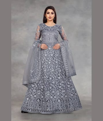 JULEE - White Flared Net Women's Semi Stitched Ethnic Gown ( Pack of 1 )