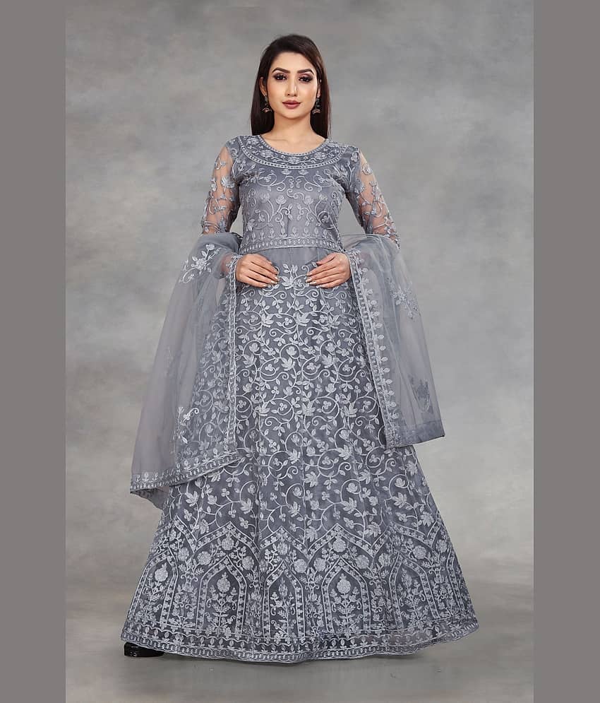 JULEE - White Flared Net Women's Semi Stitched Ethnic Gown ( Pack of 1 )
