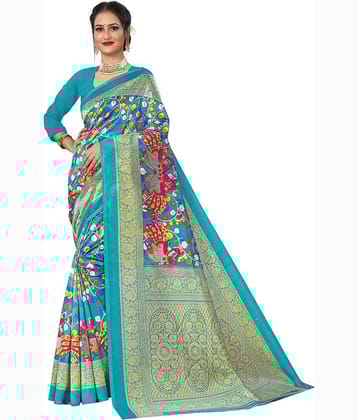Kanooda Prints Art Silk Printed Saree With Unstitched Blouse Piece ( Teal )