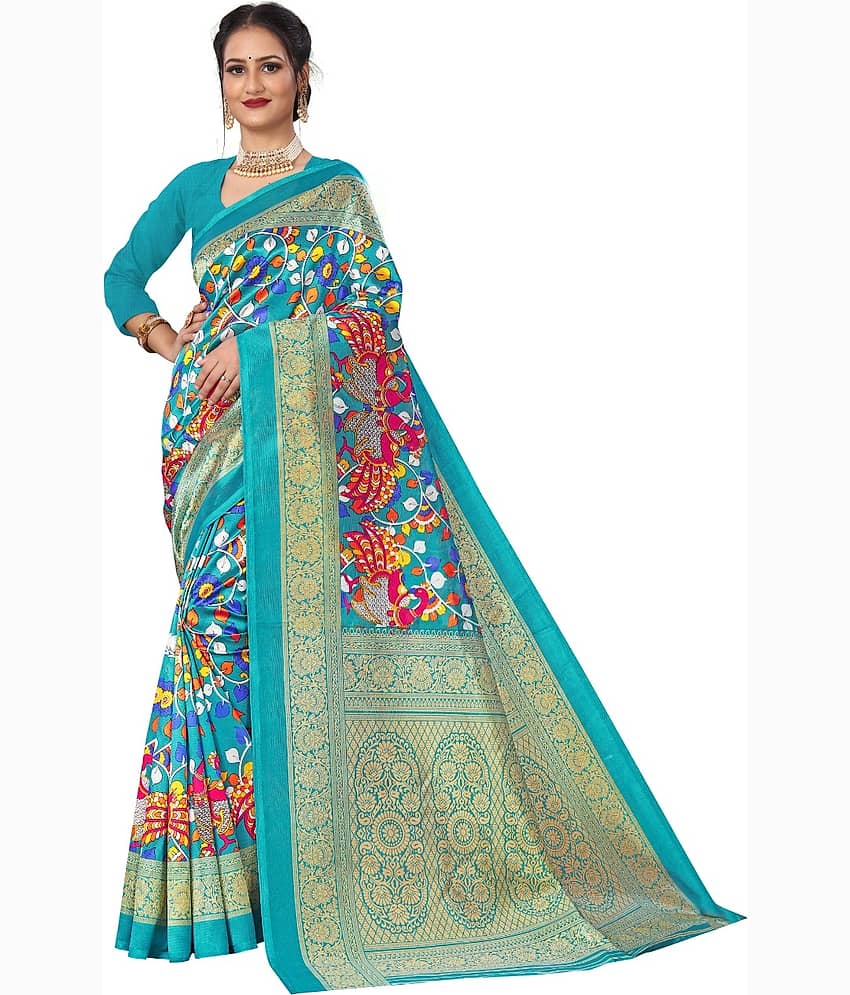 Kanooda Prints Art Silk Printed Saree With Unstitched Blouse Piece ( Teal )