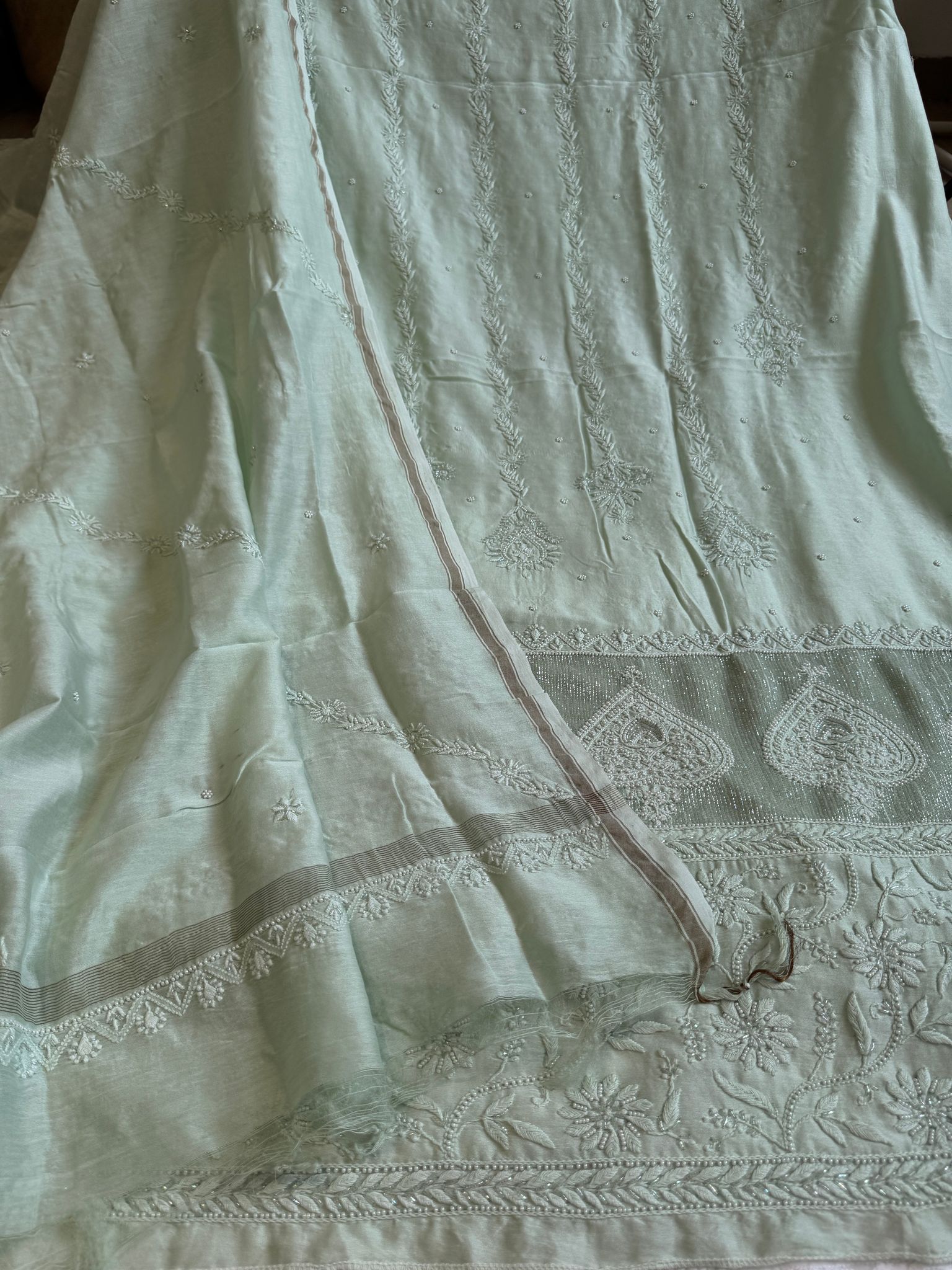 Chanderi Chikankari Length with Dupatta - Sage Green-Sage Green / Chanderi / Heavy Work