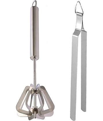 JISUN S2S Stainless Steel Power Free Hand Blender/Mathani/Hand Mixi/Ravai/Madhani & Tong Roti Sekne Chimta Silver Kitchen Tool Set  (Silver)