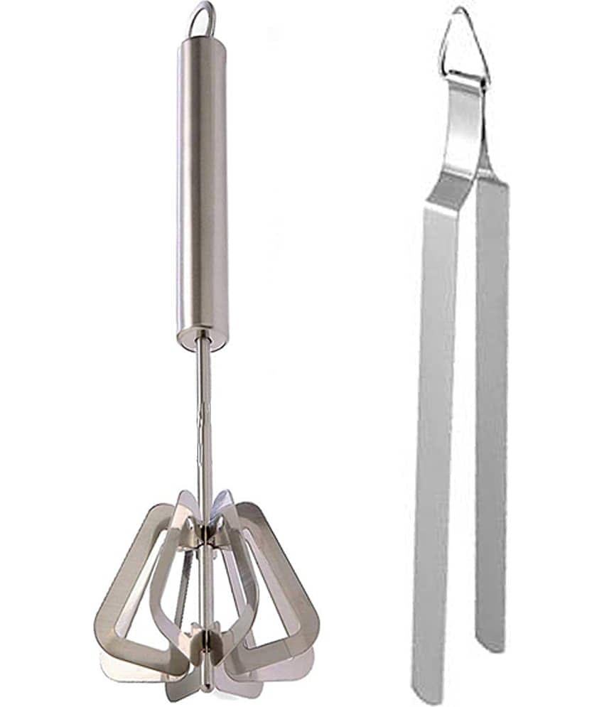 JISUN S2S Stainless Steel Power Free Hand Blender/Mathani/Hand Mixi/Ravai/Madhani & Tong Roti Sekne Chimta Silver Kitchen Tool Set  (Silver)