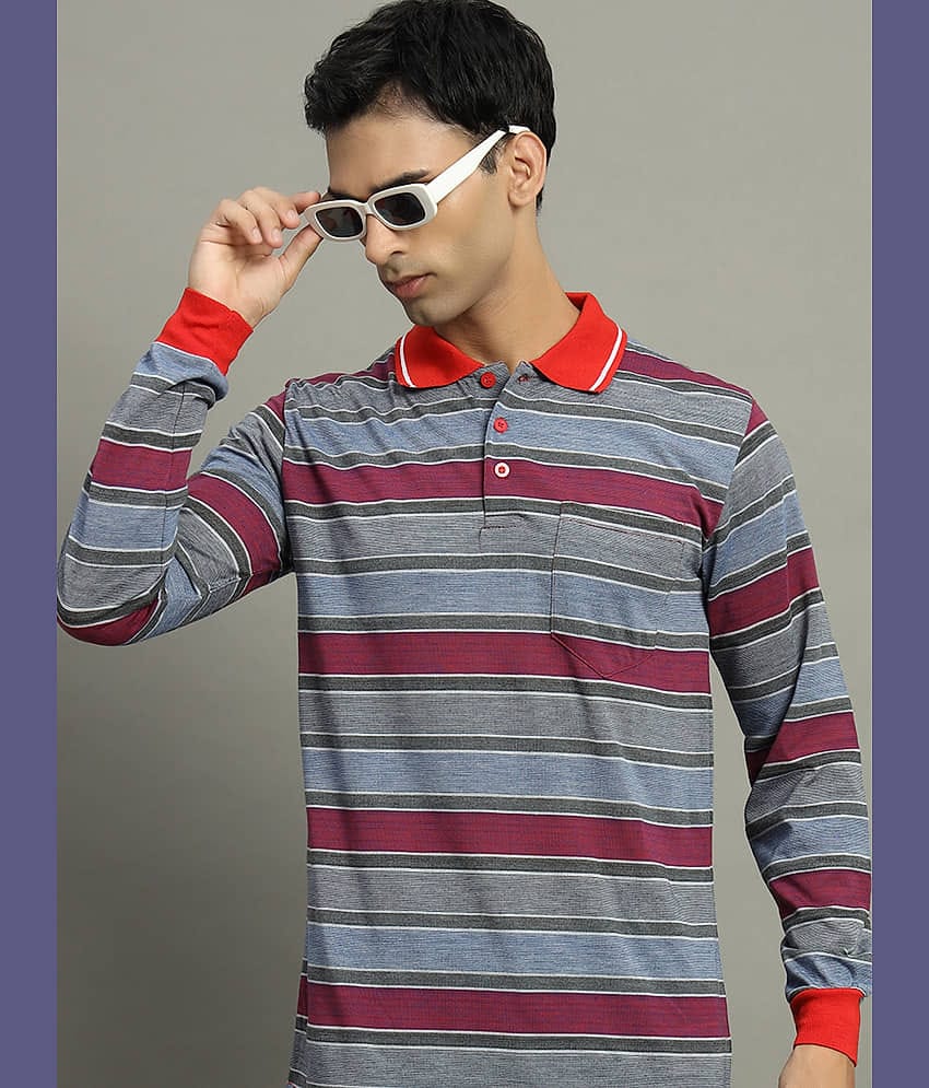 GET GOLF Pack of 1 Cotton Blend Regular Fit Striped Full Sleeves Men's Polo T Shirt ( Red )
