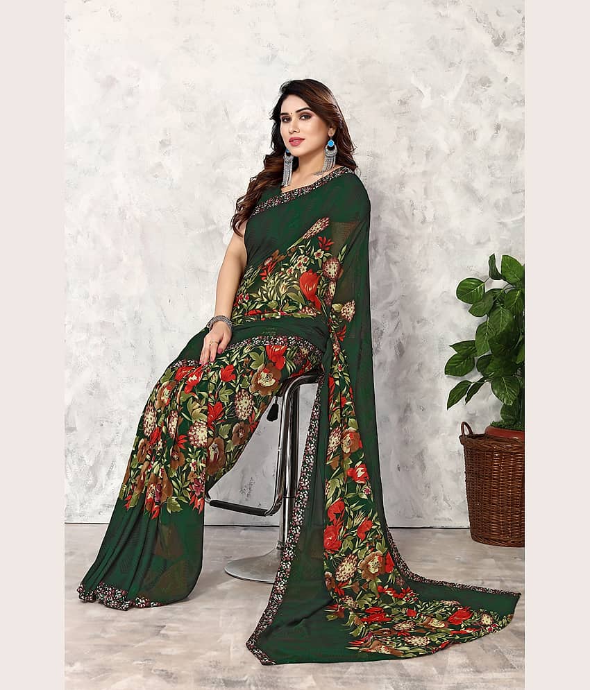 Yashika Georgette Printed Regular Saree With Unstitched Blouse Piece ( Green )