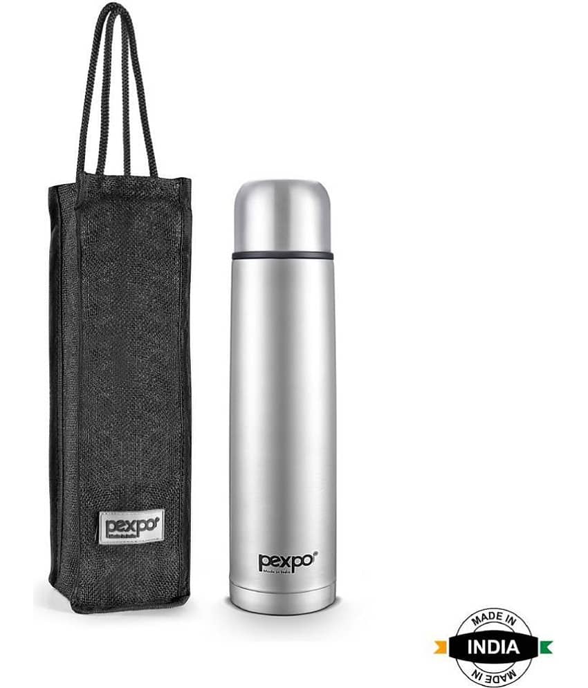 Pexpo 1000ml 24 Hrs Hot and Cold Flask with Jute-bag, Flamingo Vacuum insulated Bottle (Pack of 1, Silver)