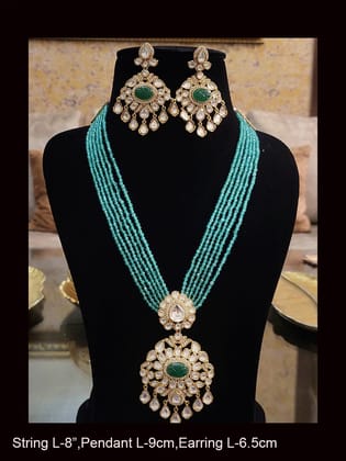 Multiple strings kundan and AD studded set with kundan drops-Aqua green