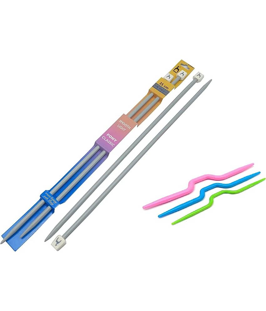 PRANSUNITA Pony Large ABS Plastic Single Pointed Knitting Needles for Bulky Jumbo Yarn- 35 cm long- No 0 (8 mm) with Bent Cable Stitch Crochet Hook (3 pcs)