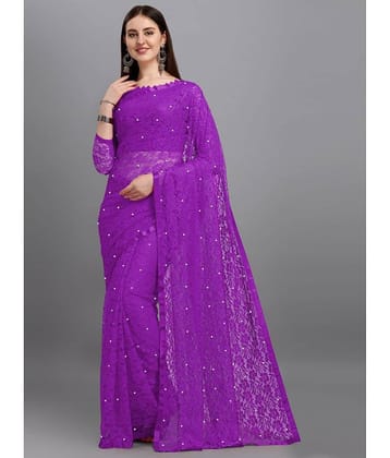 VANRAJ CREATION Net Self Design Saree With Unstitched Blouse Piece ( Purple )