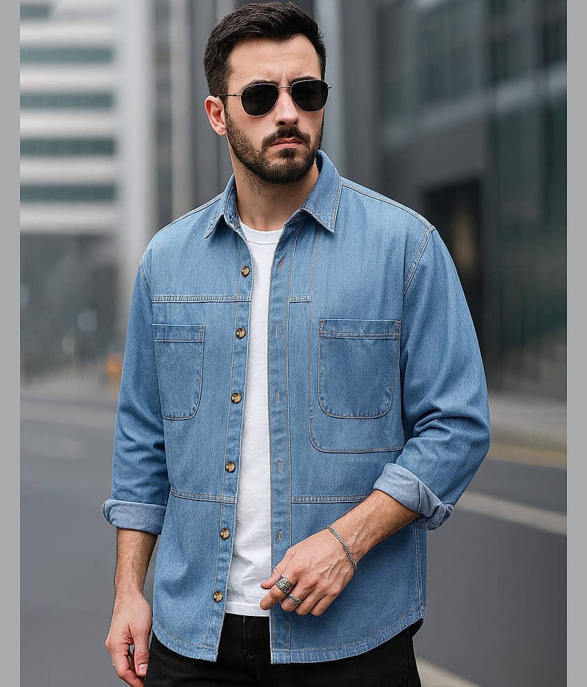 Eyebogler Denim Oversized Fit Solids Full Sleeves Men's Casual Shirt - Navy ( Pack of 1 )