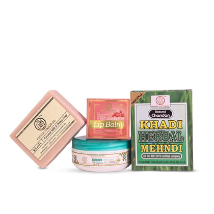 Khadi Natural Coconut Milk Soap, Black Mehndi, Nourishing Cream & Wine Grapefruit Lip Balm Combo