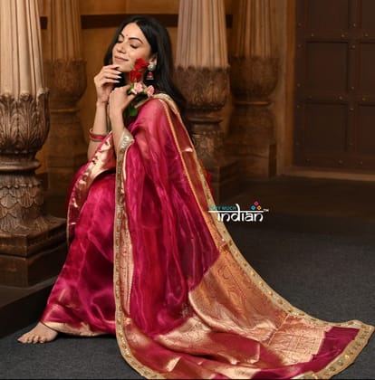 Parampara ~ Banarasi Organza Silk Tissue Saree with Designer Lace in Bestseller Wine