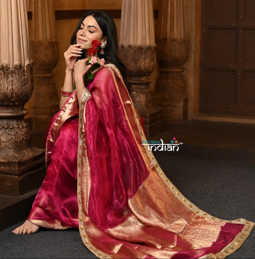 Parampara ~ Banarasi Organza Silk Tissue Saree with Designer Lace in Bestseller Wine