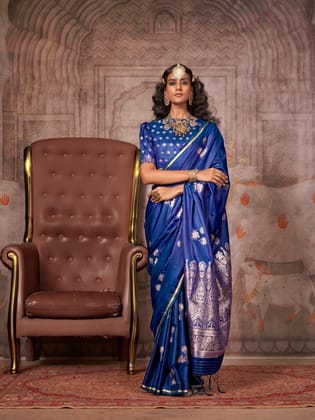 Navy Blue Pure Satin Silk Zari Brocade Banarasi Weaving Saree