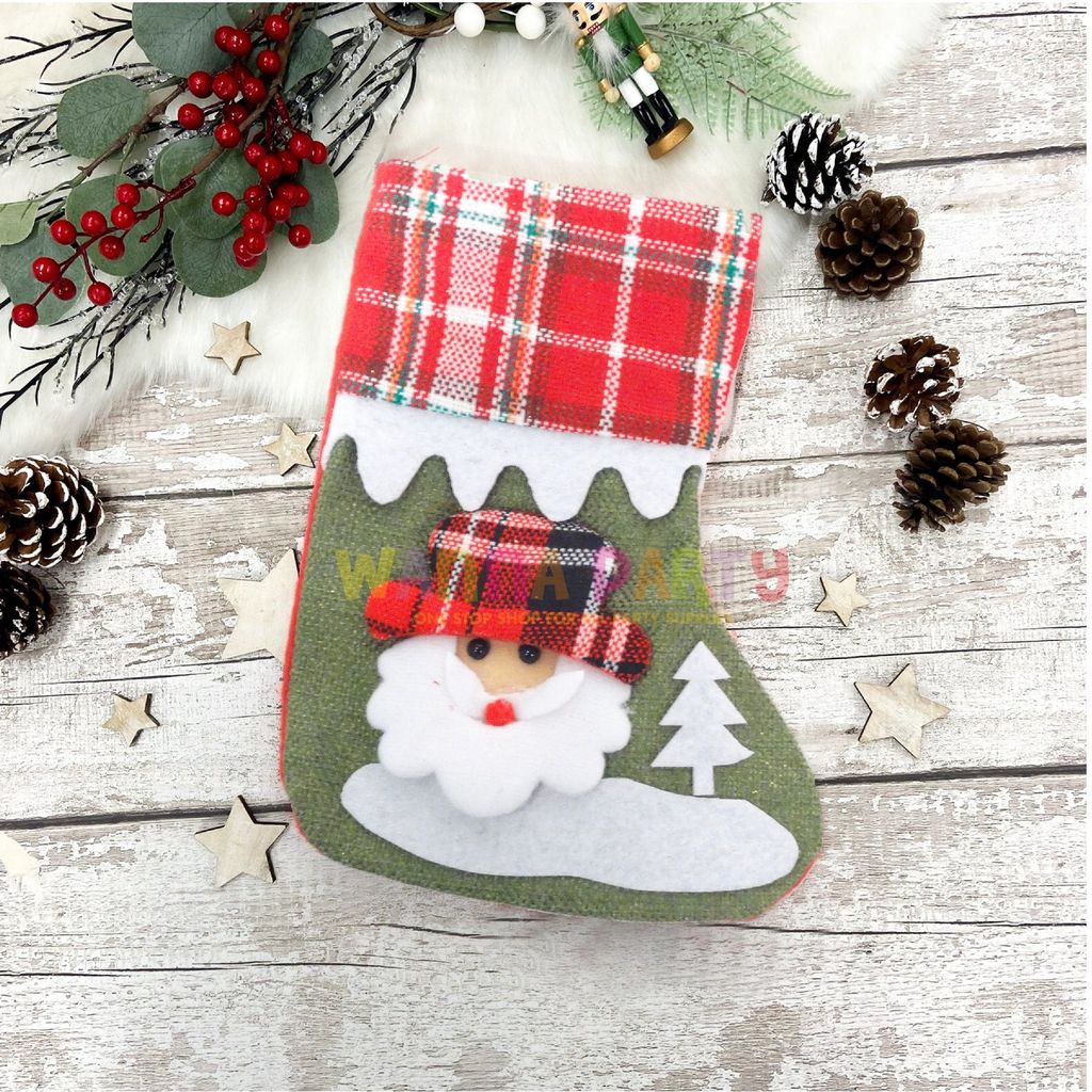 Red & White Chequred Christmas Stockings with Christmas Tree Santa